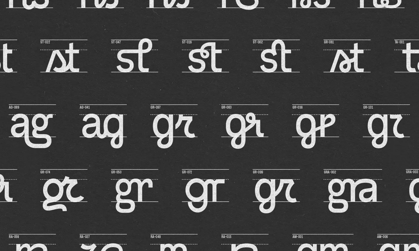 Cuadrícula con decenas de variantes de las ligaduras «gr», «ag» y «st», cada una numerada con un código de exploración.