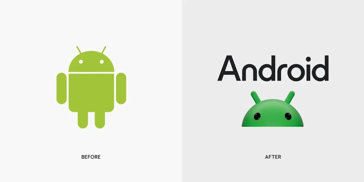 Comparación del rediseño del logo de Android: a la izquierda el bugdroid plano anterior, a la derecha el nuevo bugdroid en 3D.