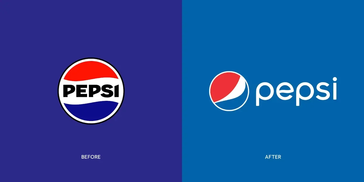 Comparación del rediseño del logo de Pepsi: a la izquierda el logo anterior, a la derecha el nuevo con guiño retro.