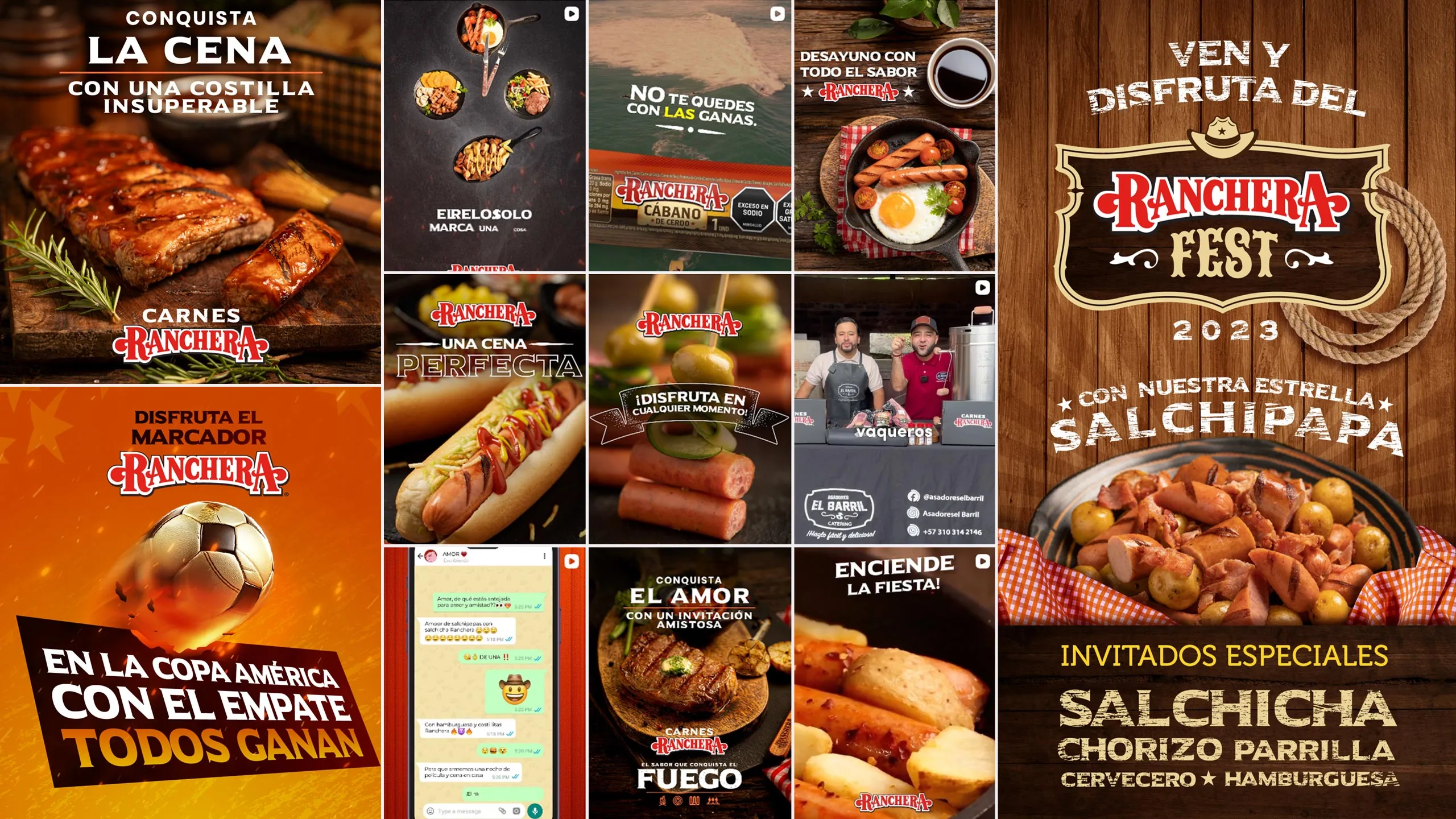 Piezas de la campaña Rancherafest: publicaciones e historias de redes sociales de Carnes Ranchera y el key visual del festival